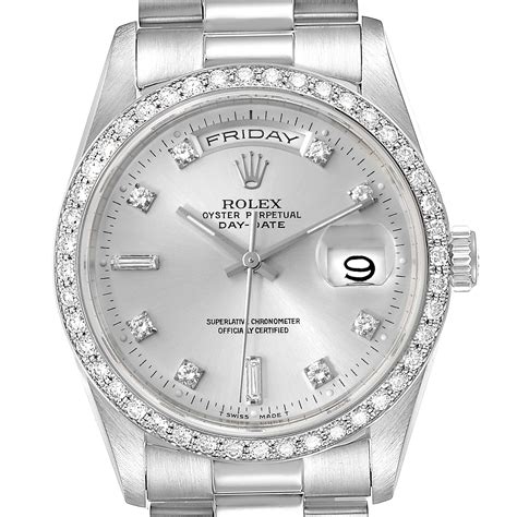 platinum rolex day date president watch with silver diamond dial|Rolex Day-Date watch.